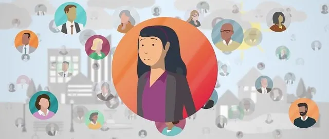 An illustrated customer surrounded by a network of contacts.