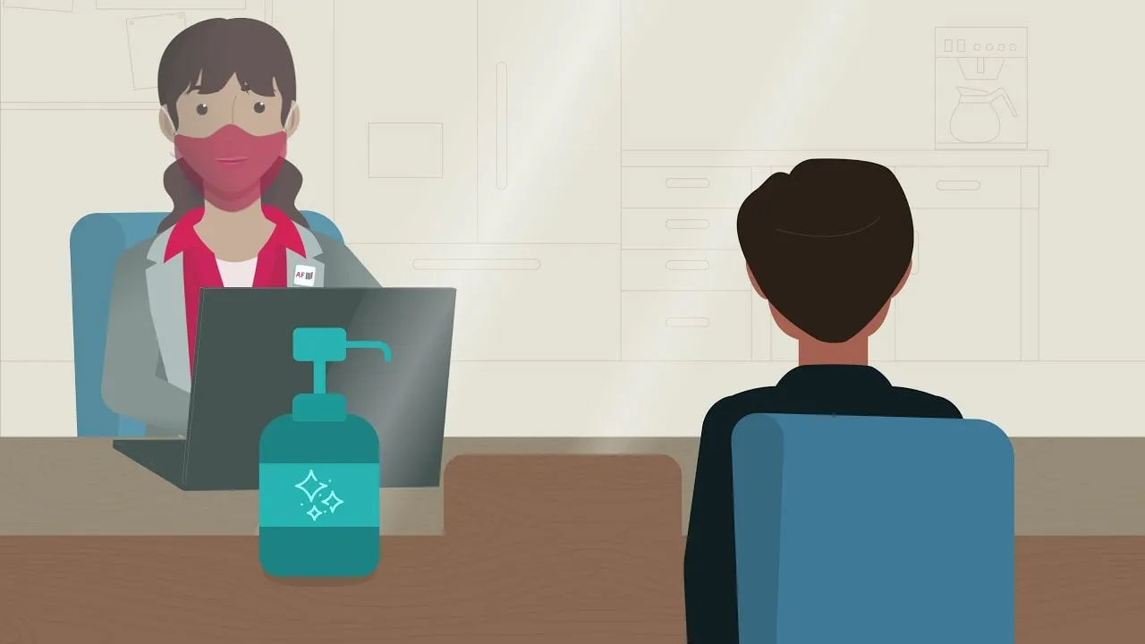 An illustrated enrollment specialist in a mask at a desk with hand sanitizer.
