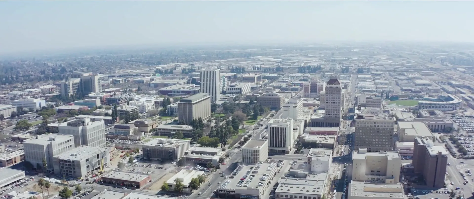 Aerial view over downtown Fresno.