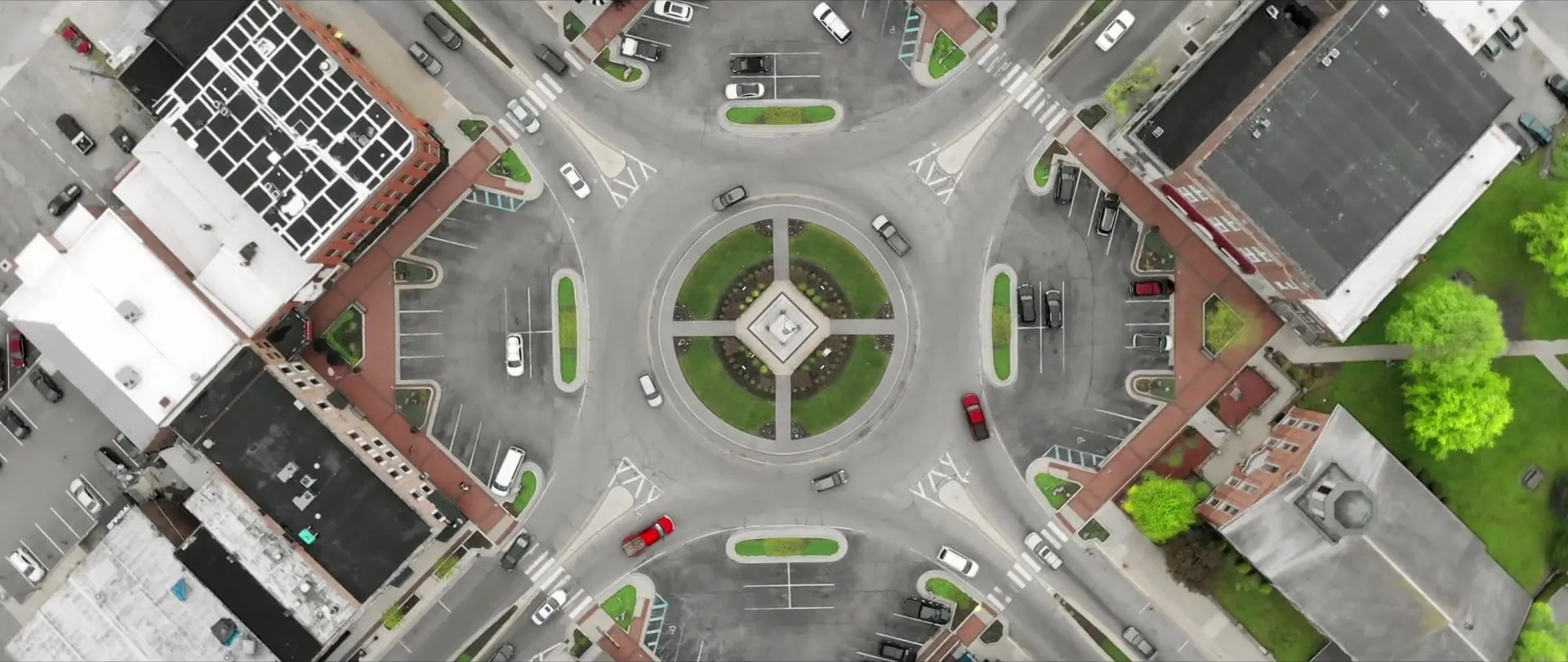 Aerial view looking straight down on a roundabout in a small Indiana town.