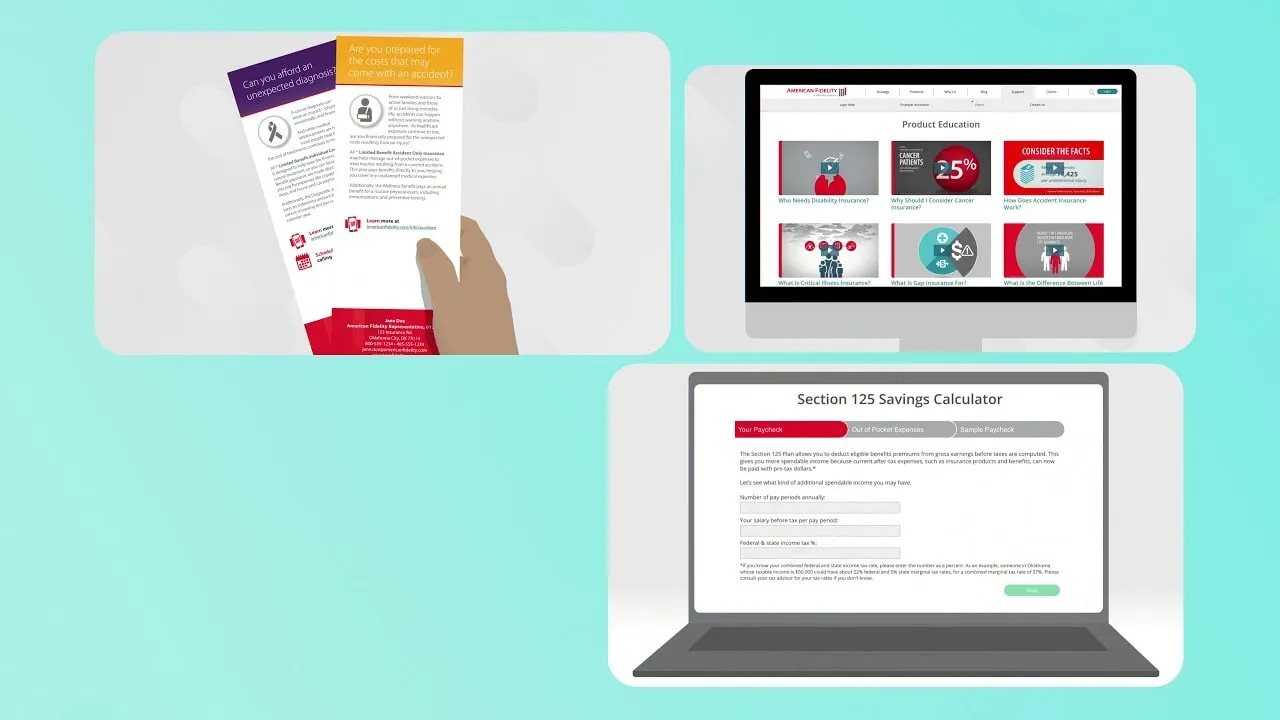 Animated brochures, a desktop site and a savings calculator on a teal background.