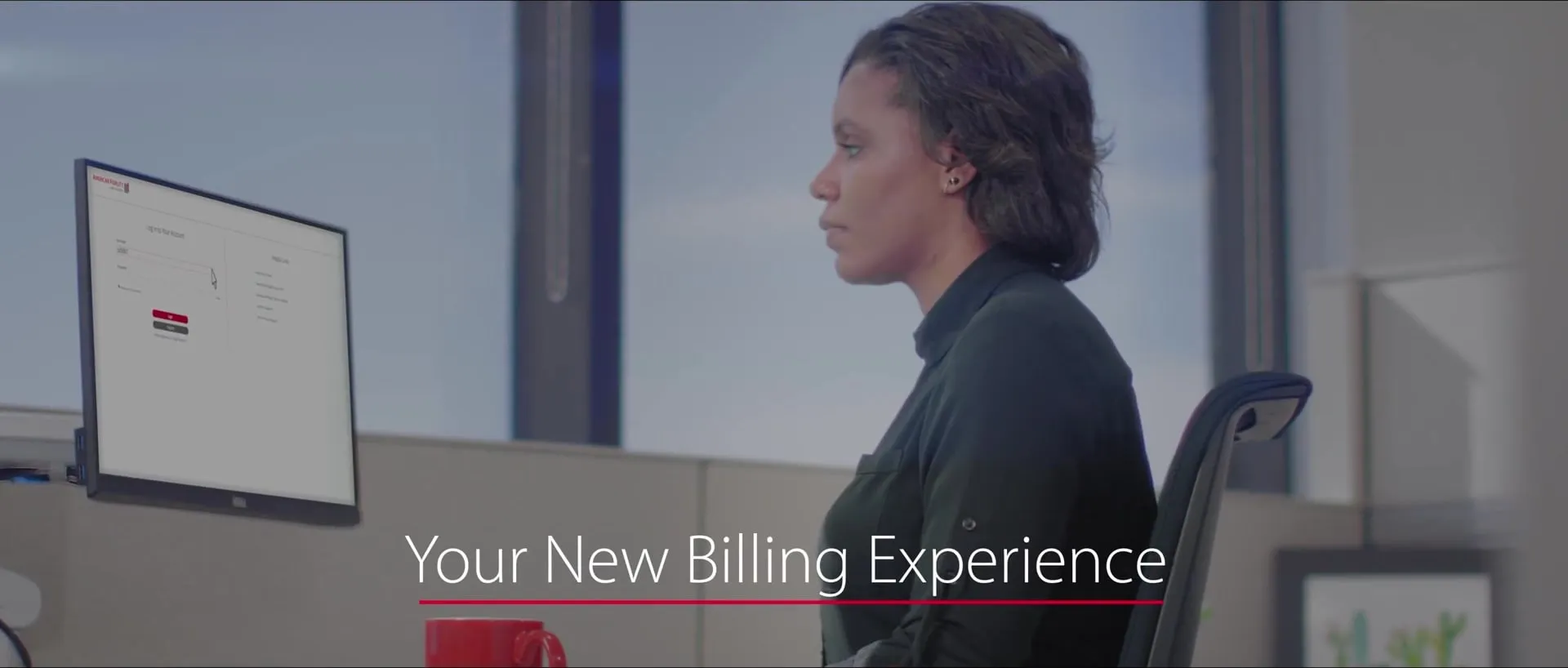A woman at an office desk beside the title “Your New Billing Experience”.