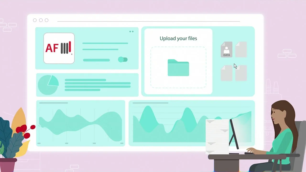 An illustrated upload dashboard with charts.