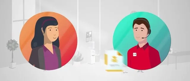 Two illustrated characters in circular frames — a customer and a support representative.