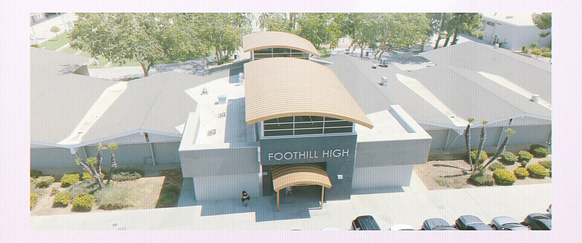 Aerial view of Foothill High School set on a white page.