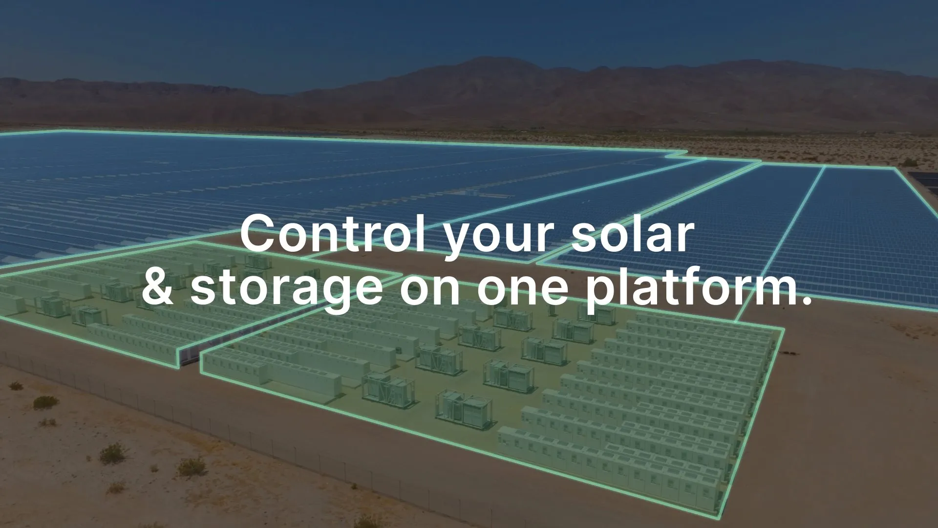 Drone shot of a solar and battery storage site with the arrays outlined in green.
