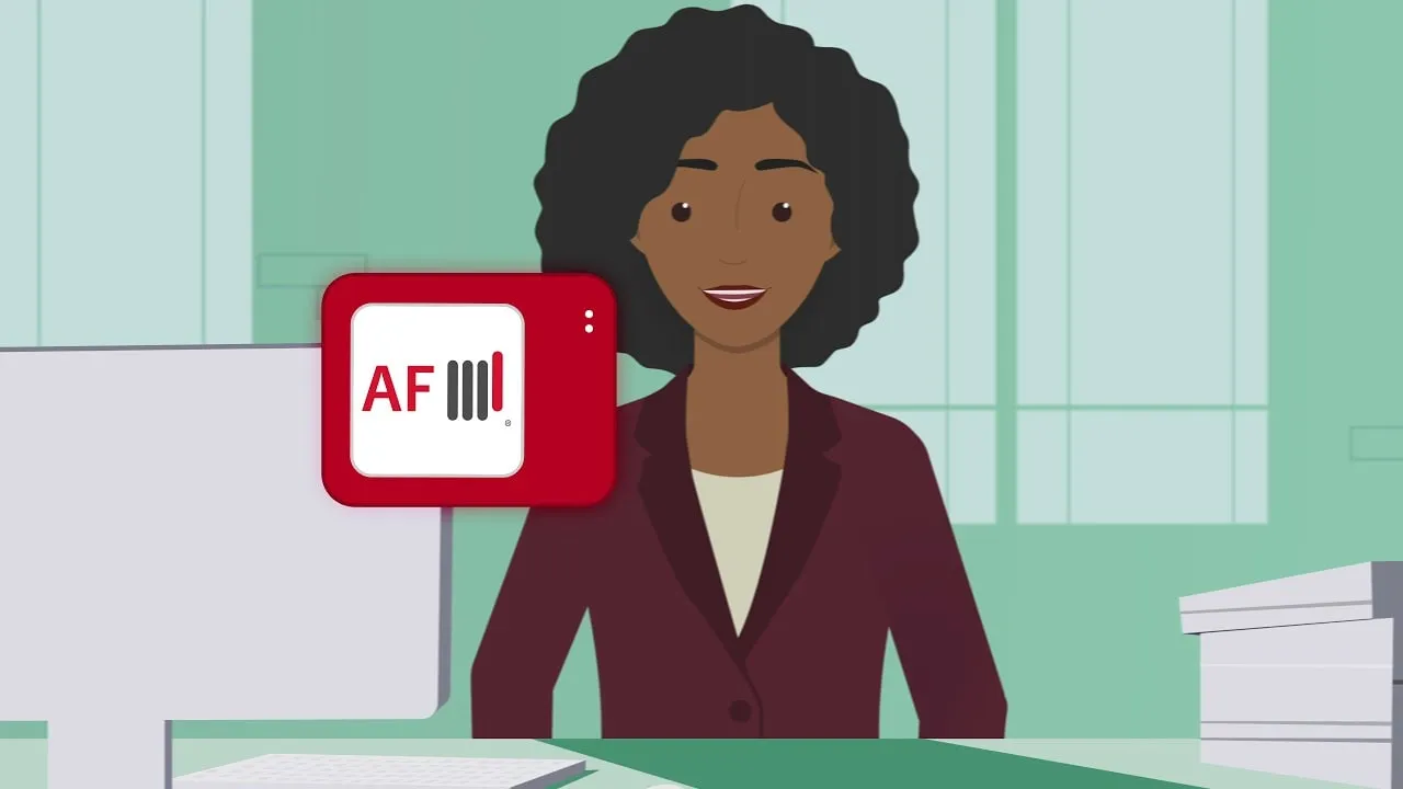 An illustrated representative with a branded video-call badge.