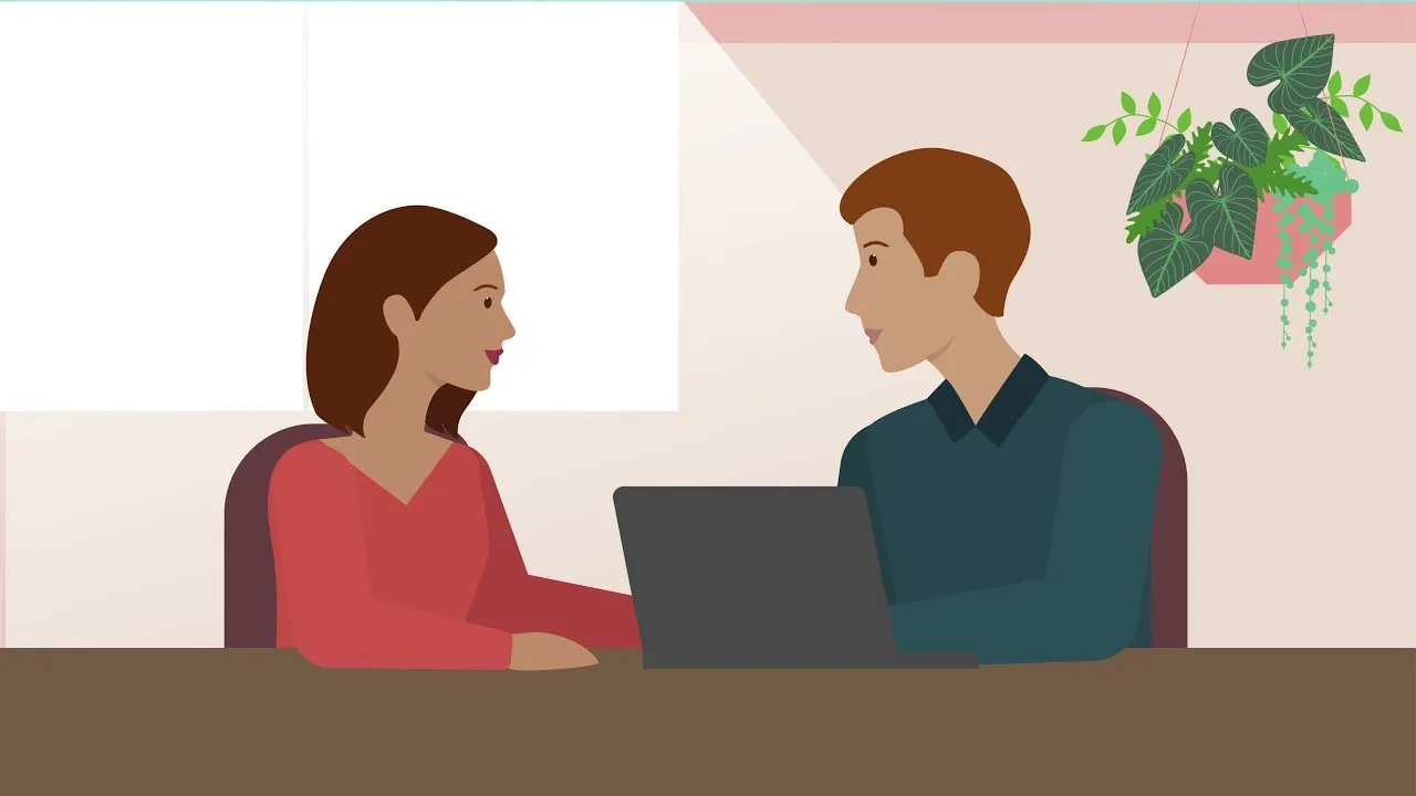 Two illustrated characters reviewing benefits on a laptop.