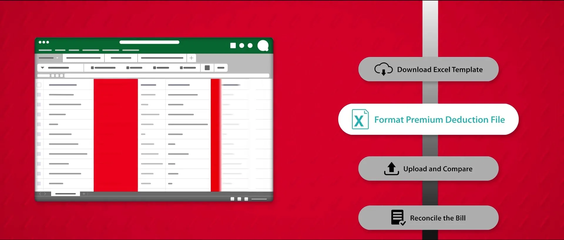 Animated spreadsheet and workflow steps on a red field.