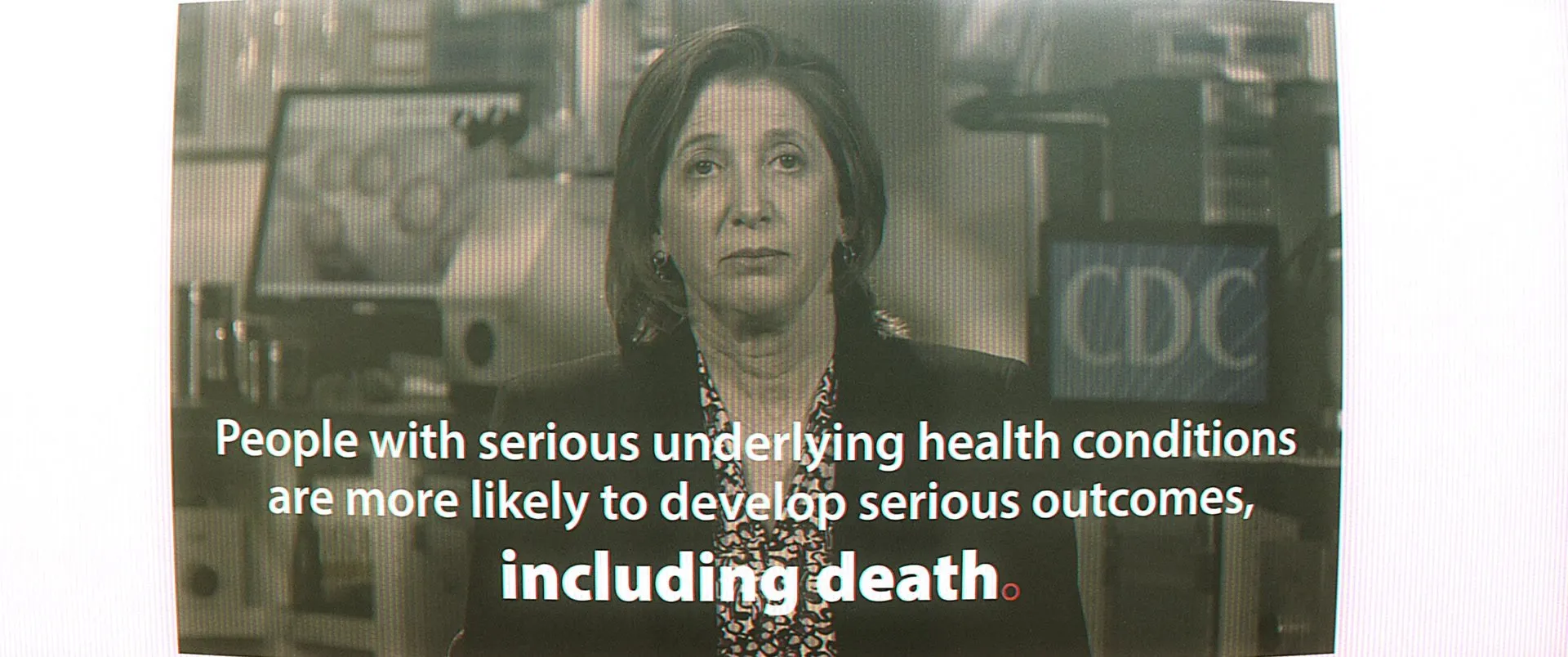 Archival CDC briefing footage from March 2020 with a bold caption.